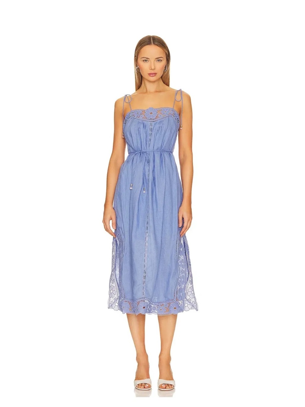 Zimmermann August Belted Broderie Linen Midi Dress Dusty Blue | Zim 0 US 2-4